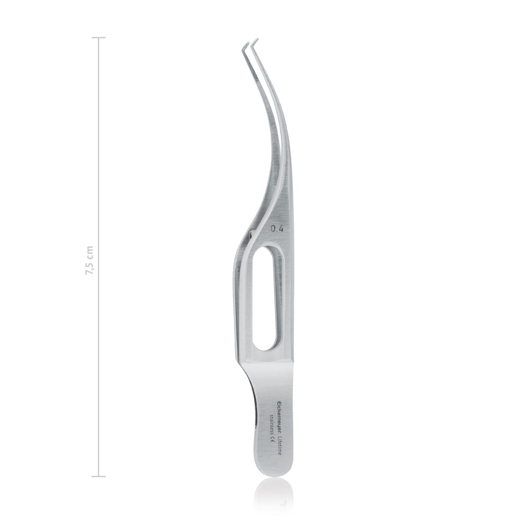 Pince à iris/suture BARRAQUER (Colibri), 0,4mm, L 7,5cm, 1 x 2 dents, 45°, avec plateforme