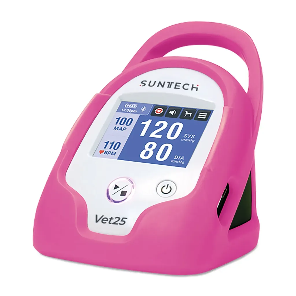 SunTech VET25 pink blood pressure monitor, including 6 cuffs, blood pressure hose, power supply, Li-ion battery and protective cover