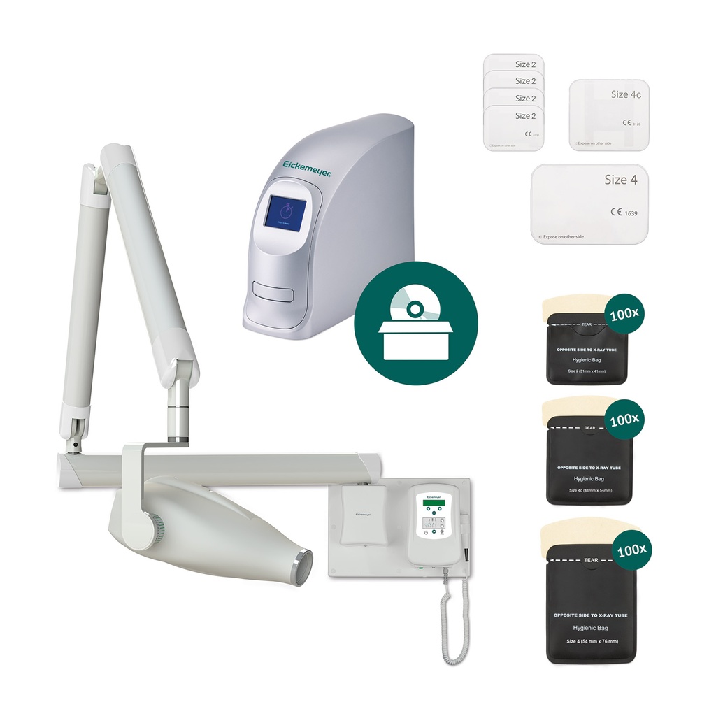 [A7080360001] DigiVet CR PREMIUM Dental Reader including starter kit: 4 x IP Size 2 (31 x 41 mm), 1 x IP Size 4c (48 x 54 mm), 1 x IP Size 4 (54 x 76 mm), 100 protective covers each, DigiVet Dental Vet Imaging Software Pack, including DICOM modalities (send/retrieve), and HiRay Dental X-ray unit (of your choice) (Modello a muro)