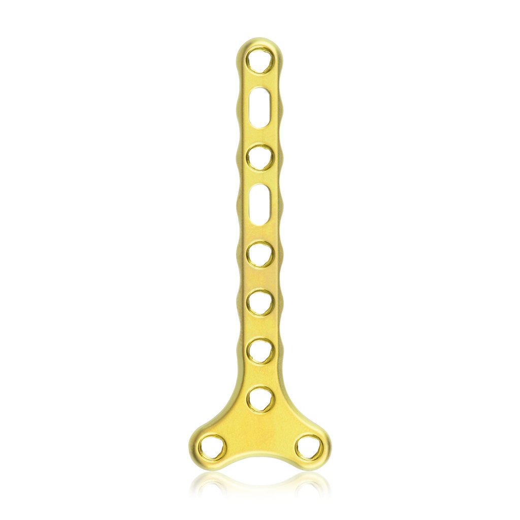 EickLoxx Small Contour 2.2 T-alakú csontlemez, 10 lyuk, 18 × 54 mm, 1.7 / 2.3 rendszer, sárga