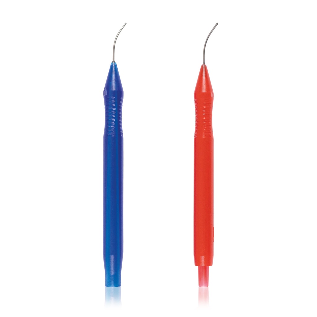 Système bimanuel I/A Canules courbes jetables 21G (1 poignée d'irrigation, sortie bilatérale ø 0,45 mm / 1 poignée d'aspiration, sortie ø 0,35 mm, pointe polie)