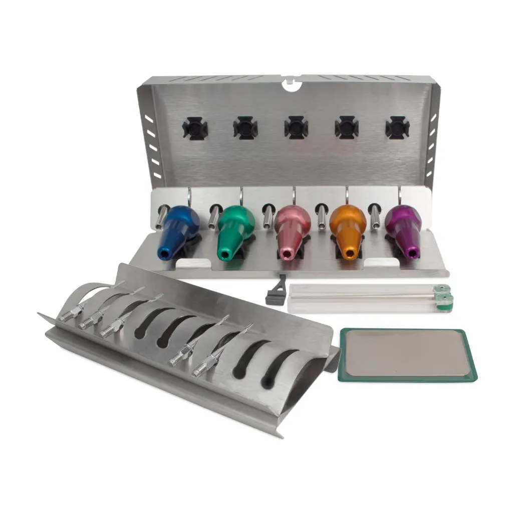 DENTANOMIC Feline Set – Gold (Lang), bestehend aus 5 langen Handgriffen (lila, orange, grün, blau und rosa) + 2 und 3 mm Elevator Klingen + 1.5, 2 und 3 mm Luxator Klingen + Aufbewahrungsrack + Schleifset + Sterilisationsbehälter