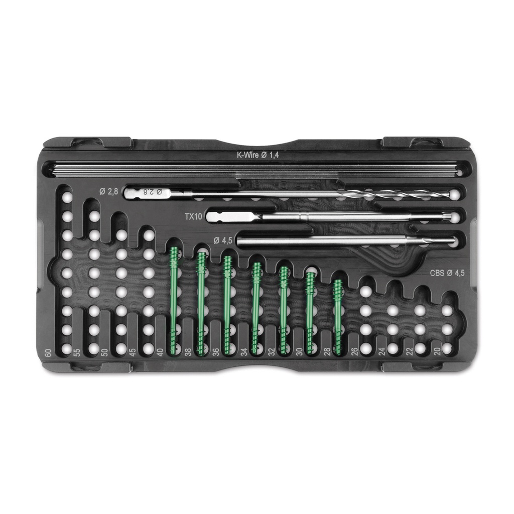 [191470] CBS Schrauben Set Ø 4,5 für kleine Hunde bestehend aus: 6x1 4,5 Schrauben 28-40 mm, und je 1x: Spiralbohrer Ø2.8, Schraubendreher-Klinge AO TX10, CBS Ø4.5 Kopfraumfräser, kanuliert; 5 Stück KIRSCHNER-Draht Trokar/Rund Ø1.4 x 150 mm