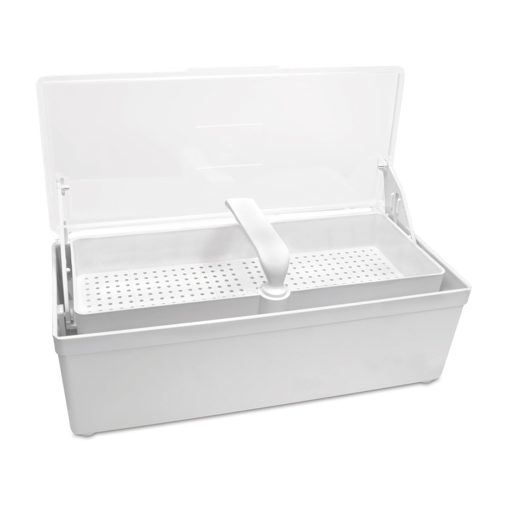 [307365] Plateau de désinfection pour endoscopes, avec panier tamis et couvercle transparent, 1 l Dimensions : 26,5 x 11,5 x 8,5 cm