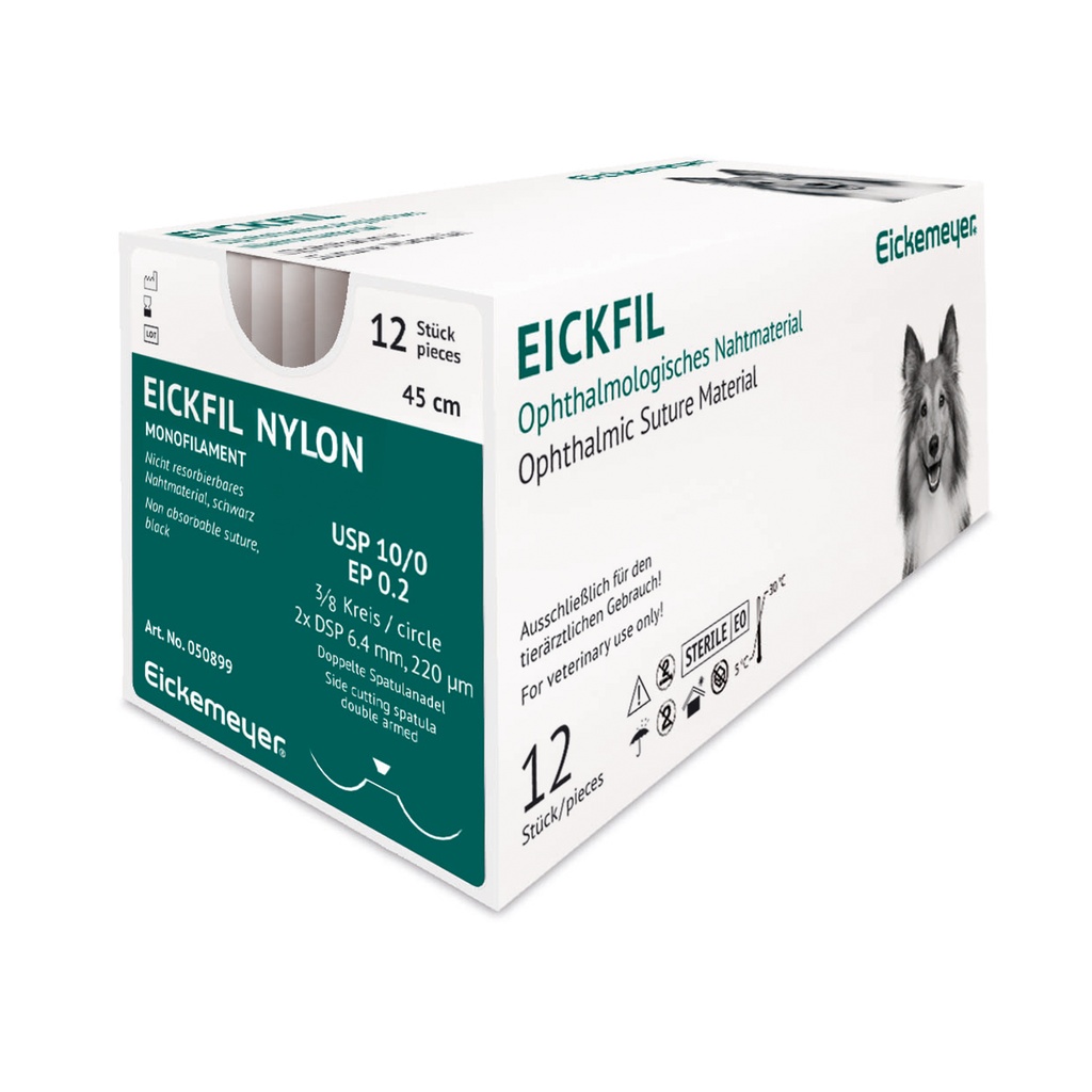 [050899] EICKFIL Nylon nem felszívódó varrófonal, USP 10/0 (EP 0,2), 3/8 köríves tű, 2 × DSP 6,4 mm, 220 µm, dupla oldalvágó tűvel