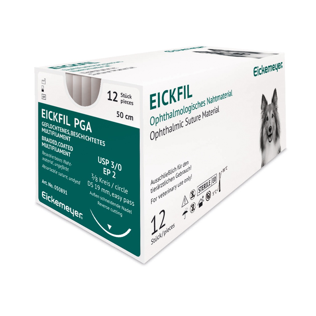 [050891] EickFil PGA, USP 3/0, EP 2, 3/8 cerchio, DS 19 mm, ago triangolare, incolore, L. 50 cm, cf da 12 pz