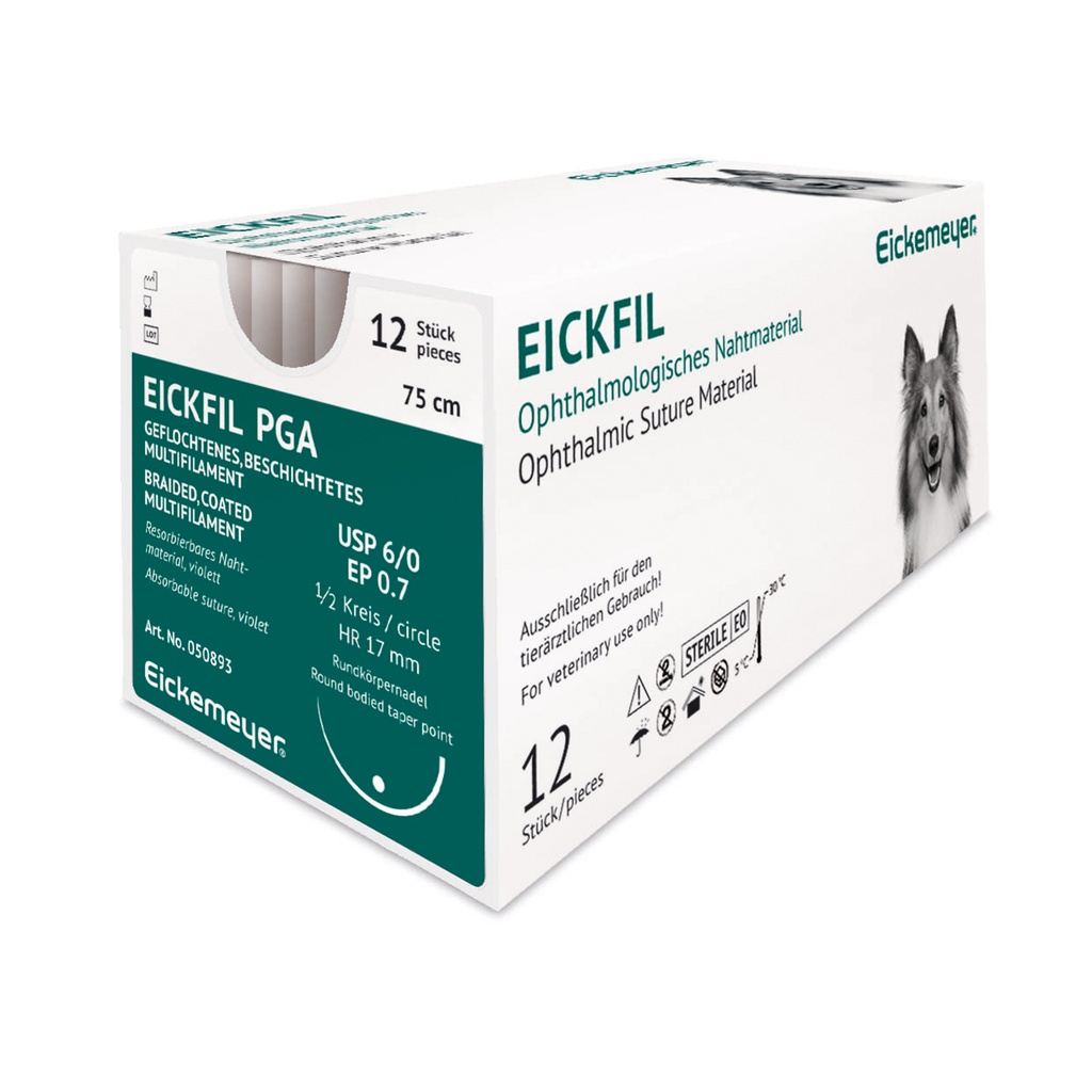 [050893] EICKFIL PGA felszívódó varrófonal, USP 6/0 (EP 0,7), 75 cm, ½ köríves kerek tű, HR 17 mm, ibolya színű, 12 db/csomag