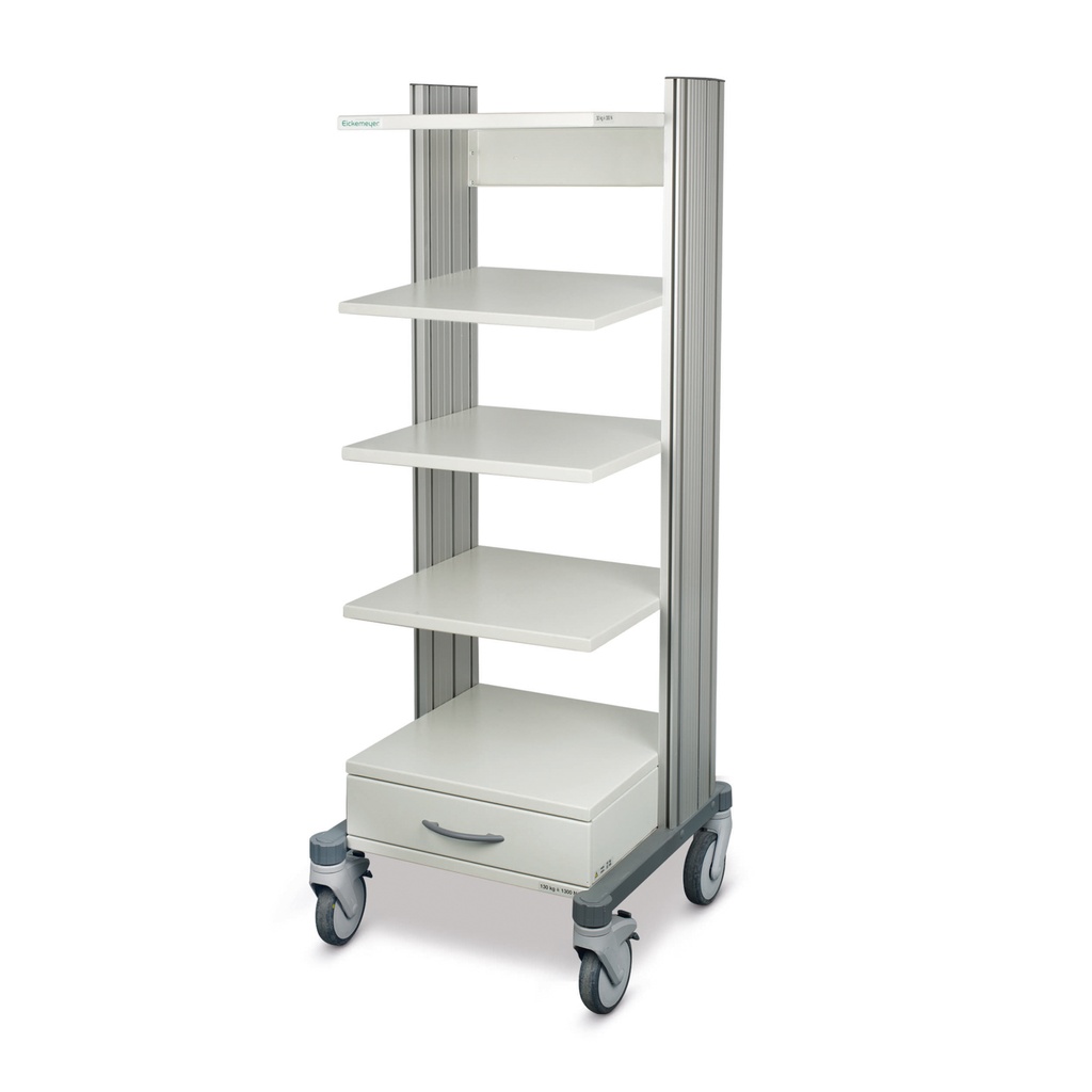 Endoskopie-/ Gerätewagen, H = 139,5 cm, B = 60 cm, 4 Rollen, 4 Ablageböden, 1 Schubfach, Standardfarbe: weiss/ grau