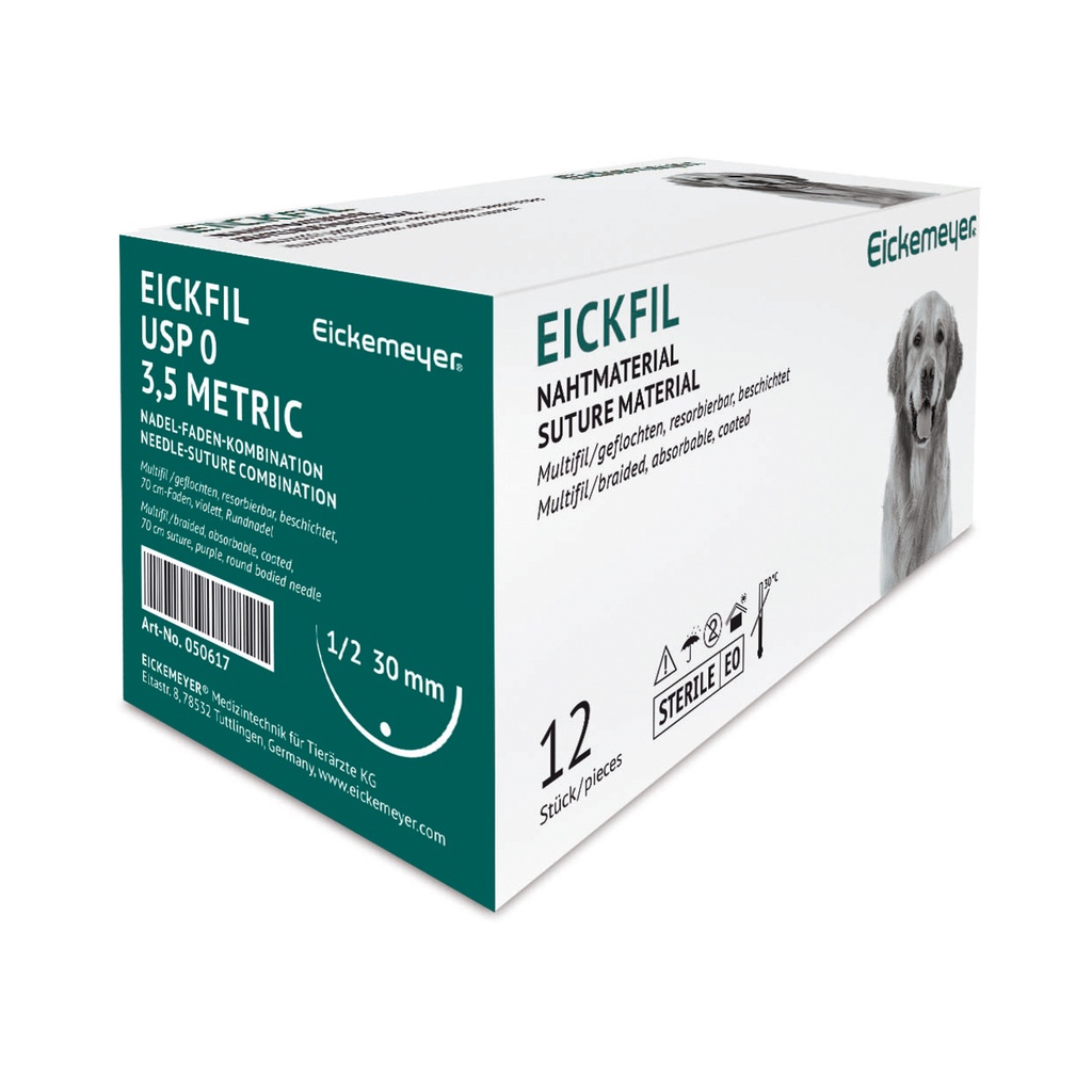 [050617] Nahtmaterial EICKFIL, 30 mm, 0 (3,5) 70 cm synth.,Rundnadel, resorbierbar,1/2 Kreis Packung mit 12 Stück