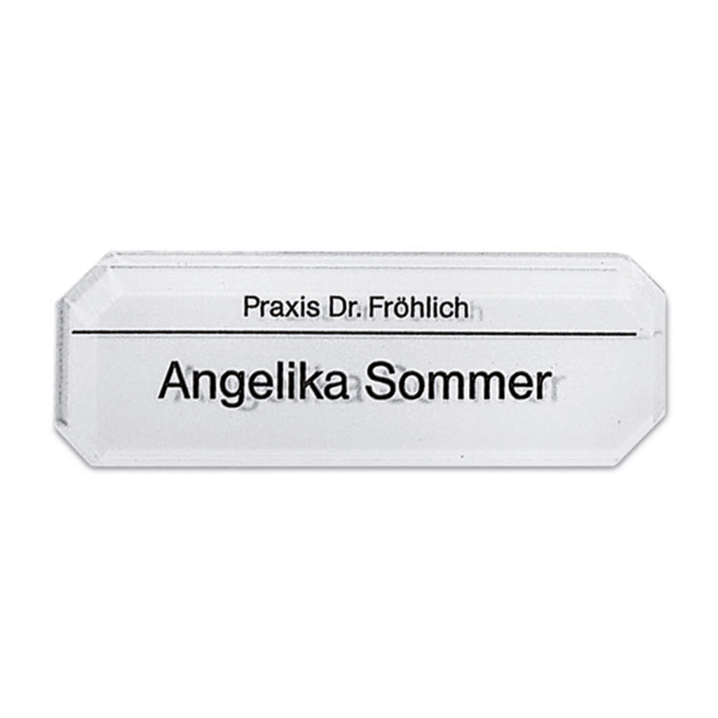 [910009] Badge p. nom en plexiglas, 2 lignes, 75 x 25 mm, 8 coins, écriture TIMES