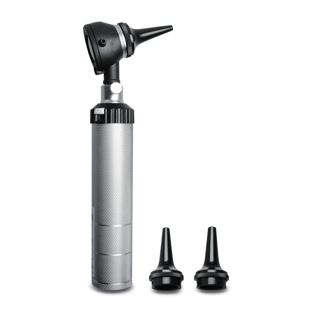 [300551] Otoscope avec poignée, pavillon avec lentille grossissante pivotante, 3 écarteurs auriculaires et 2 piles