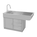 EICKEMEYER® Wasch- und Dentaltisch komplett aus Edelstahl, L=1400 x B=600 x H=880 mm,  Beckentiefe: 15 cm, Kniefreiraum 70 cm, Handbrause (ausziehbar) und teilbarem Rost, 3 Schubladen und einer Türe