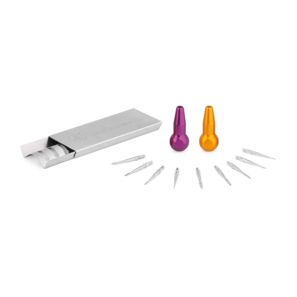DENTANOMIC jeu – Bronze, composé de 2 manches longs (violet et orange) + jeu de lames d'élévateur et de luxateur (9 pièces) + support de rangement