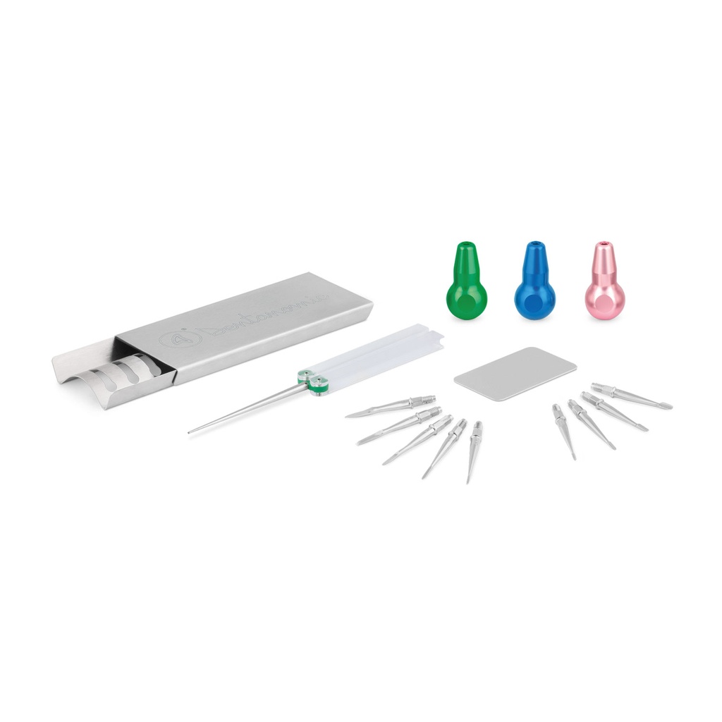 [175060] DENTANOMIC jeu – Argent, composé de 3 manches standards (vert, bleu et rose) + jeu de lames d'élévateur et de luxateur (9 pièces) + support de rangement + kit de meulage