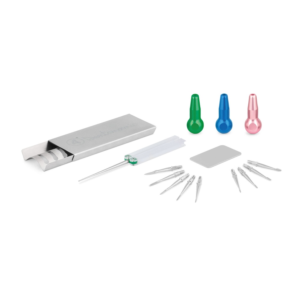 [175061] DENTANOMIC jeu – Argent, composé de 3 manches longs (vert, bleu et rose) + jeu de lames d'élévateur et de luxateur (9 pièces) + support de rangement + kit de meulage
