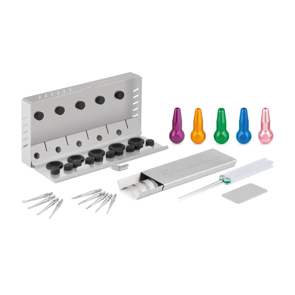 [175071] DENTANOMIC jeu – Or, composé de 5 manches longs (violet, orange, vert, bleu et rose) + jeu de lames d'élévateur et de luxateur (9 pièces) + support de rangement + kit de meulage + récipient de stérilisation