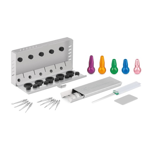 [175072] DENTANOMIC Set – Or Mixte, composé de 3 manches courts (vert, bleu et rose) + 2 manches longs (violet, orange) + jeu de lames d'élévateur et de luxateur (9 pièces) + support de rangement + kit de meulage + récipient de stérilisation